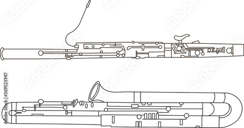 Black line drawings of outline Bassoon and Contrabassoon musical instrument contour on a white background photo