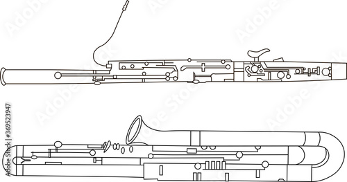 Black line drawings of outline Bassoon and Contrabassoon musical instrument contour on a white background