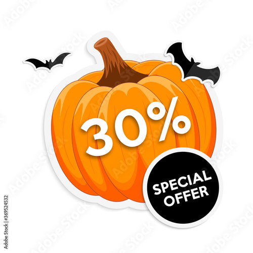 Halloween sale promotion sticker with pumpkin and bats.