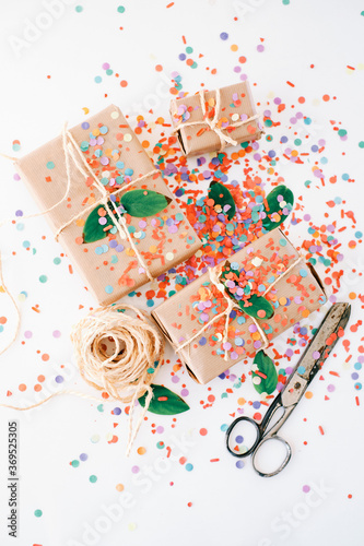 Gift packages and confetti