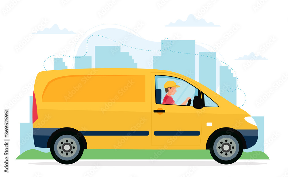 Delivery truck concept, male courier character driving yellow delivery car. illustration in flat style