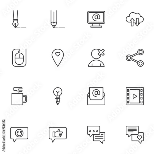 Blogging, social media line icons set, outline vector symbol collection, linear style pictogram pack. Signs, logo illustration. Set includes icons as blog content posting, copywriting, link sharing