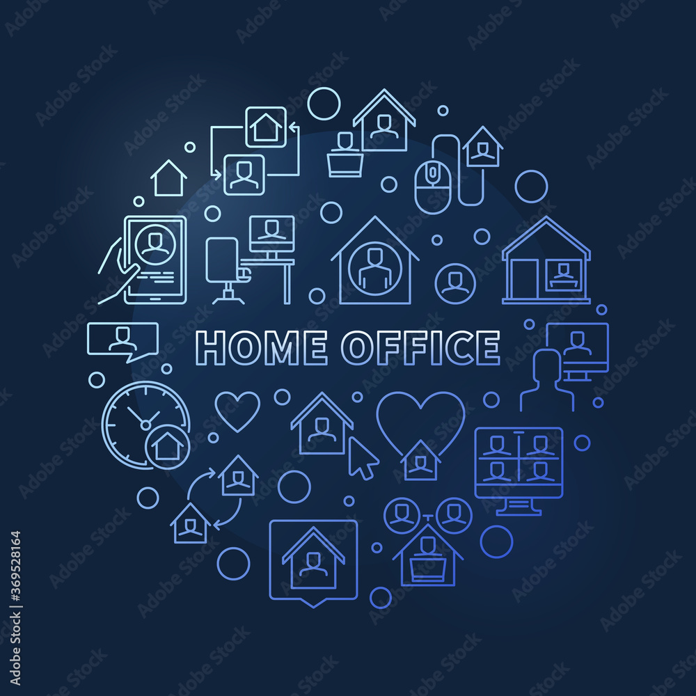 Home Office vector concept round blue linear illustration on dark background