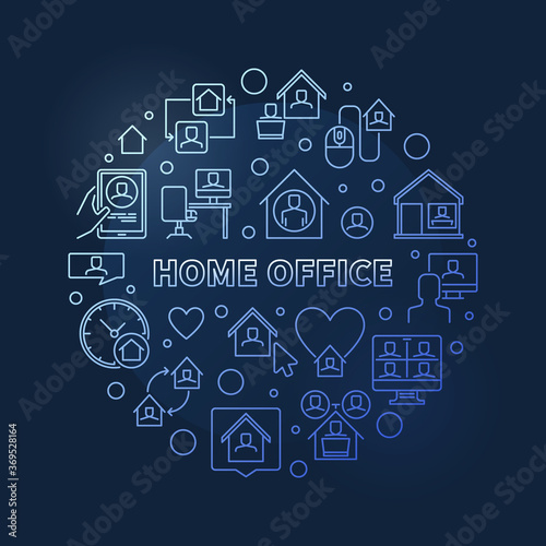 Home Office vector concept round blue linear illustration on dark background