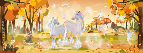 Fantasy cute cartoon of little fairies flying  with two unicorn in magic autumn forest, Vector landscape of Autumn wonderland.Fall season with beautiful panoramic view with Mid autumn natural