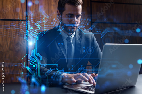 Businessman in office working laptop technology typing computer assemble data drawing concept. Double exposure.