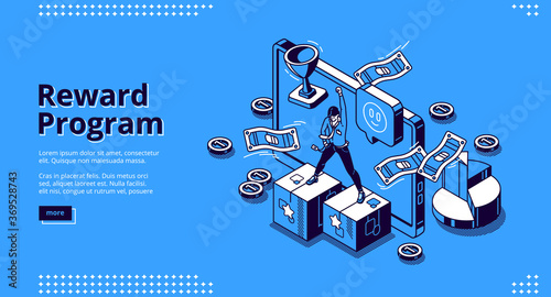 Reward program isometric landing page, loyalty cashback to customer, money back incentive commerce. Customer stand on pedestal at huge gadget with bills, coins and goblet 3d vector line art web banner