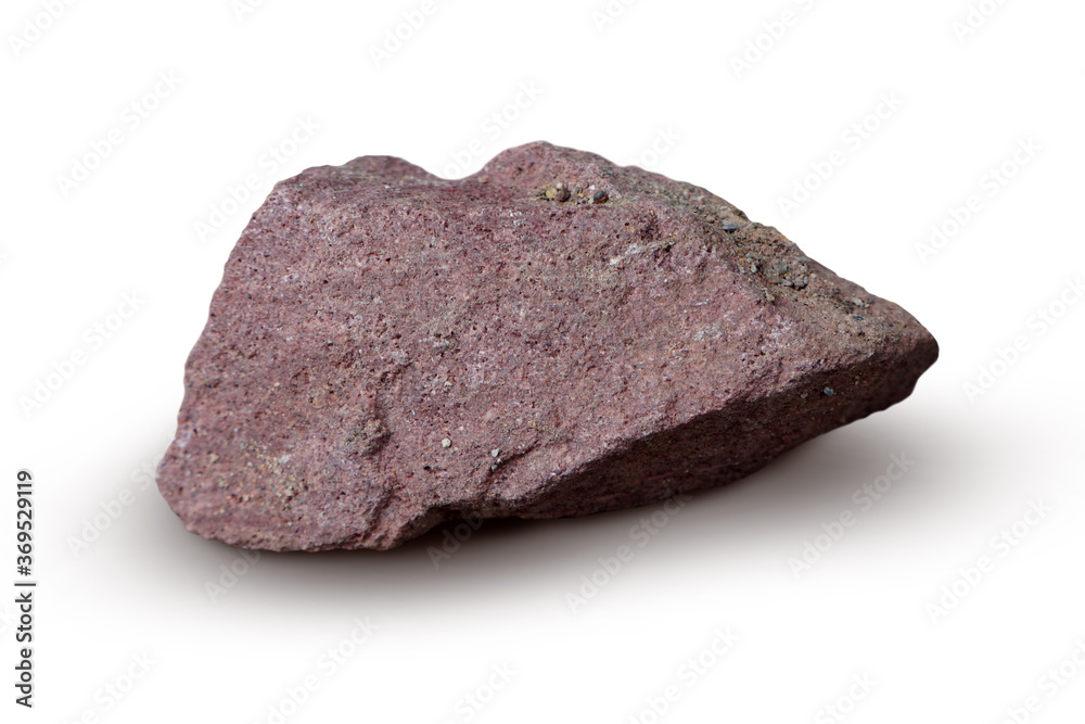 Red sandstone specimen on white background. Sandstone is a sedimentary rock formed from cemented sand-sized clasts. Red sandstone specimen on white background. Sandstone is a sedimentary rock formed from cemented sand-sized clasts.