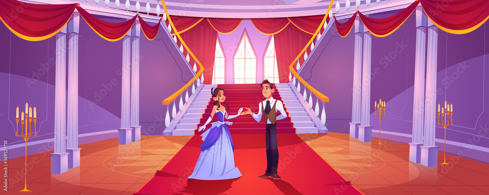 Prince and princess in royal castle hall. Vector cartoon background with couple in hallway in baroque palace with staircase, balustrade and columns. Romantic fairytale illustration Prince and princess in royal castle hall. Vector cartoon background with couple in hallway in baroque palace with staircase, balustrade and columns. Romantic fairytale illustration