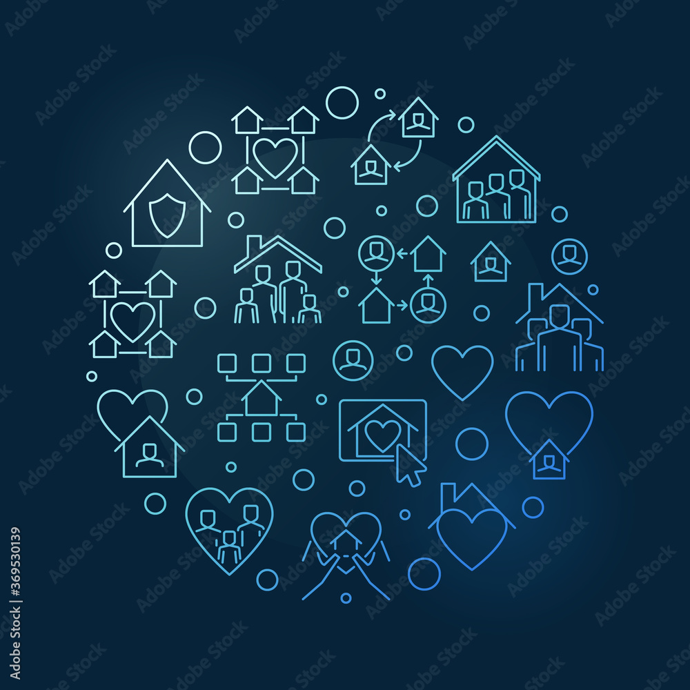 Stay Safe and Stay at Home outline vector concept round blue illustration on dark background