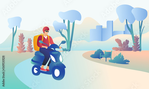 Young handsome guy rides a scooter against the backdrop of an abstract background of the city. A courier on a moped in a helmet with a thermal bag delivers an order to your home. Delivery concept.