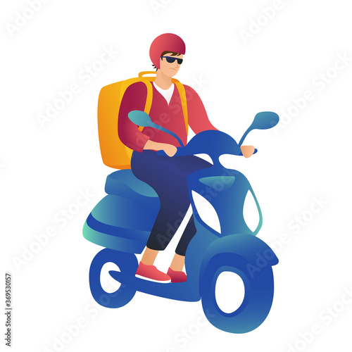 Young handsome guy in a jacket rides a scooter on a white background. A courier on a moped in a helmet with a thermal bag will deliver the order to your home. Delivery concept, fresh design.