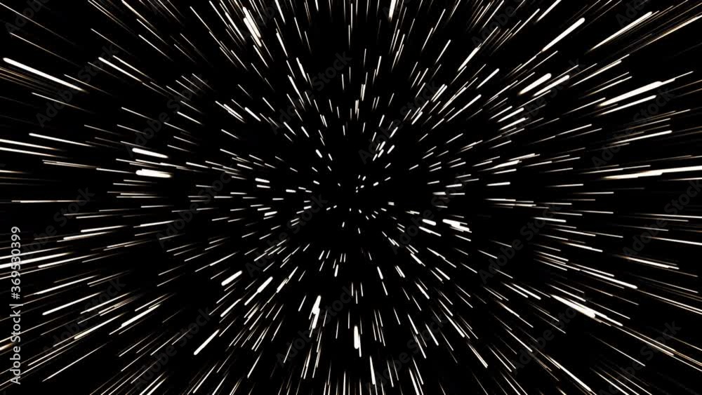 Hyperspace jump through the stars to a distant space. 4K 3D rendering traveling through star fields flying extremely fast light speed journey through a wormhole to the end of tunnel in space.
