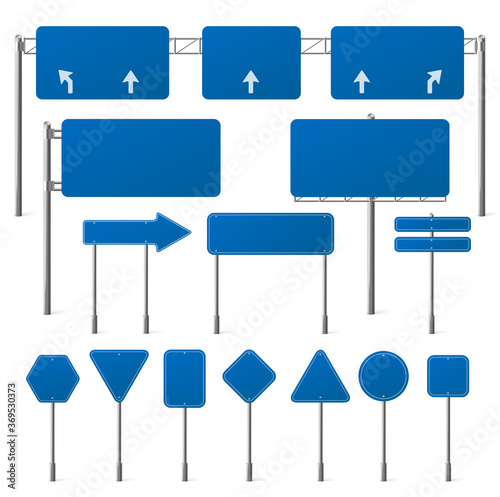Blue road signs different shapes on metal frame. Vector realistic set of blank traffic sign boards with arrows for directions, location or notice on highway, city street or car road