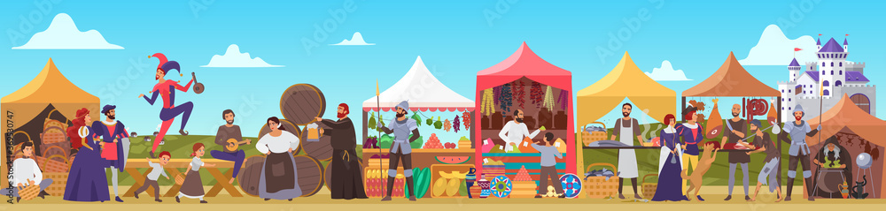 Fototapeta premium Medieval fair vector illustration. Cartoon flat middle ages or fairy tale fair market with lady and sir characters standing in costumes of feudal lords, jester dancing, priest drinking beer background