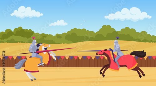 Medieval knights fight vector illustration. Cartoon flat horseman warrior brave characters in body armor and armored horses fighting, heroes jousting on knight tournament, fighter joust art background