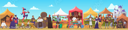 Medieval fair vector illustration. Cartoon flat middle ages or fairy tale fair market with lady and sir characters standing in costumes of feudal lords, jester dancing, priest drinking beer background