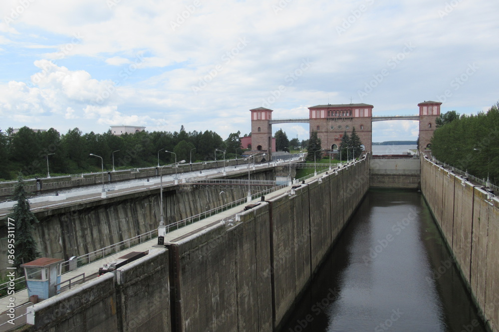 Russia, Rybinsk town, gateway from Volga River to Rybinsk waterstore, august 2020 (3)