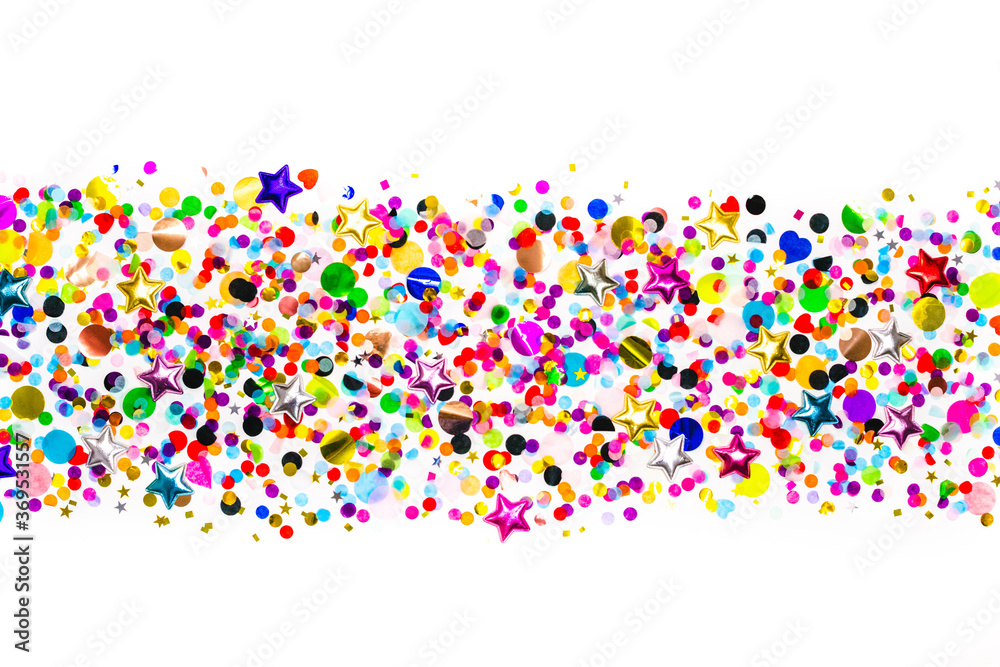 colorful confetti border line on white background. creative glitter decoration. holiday flat lay