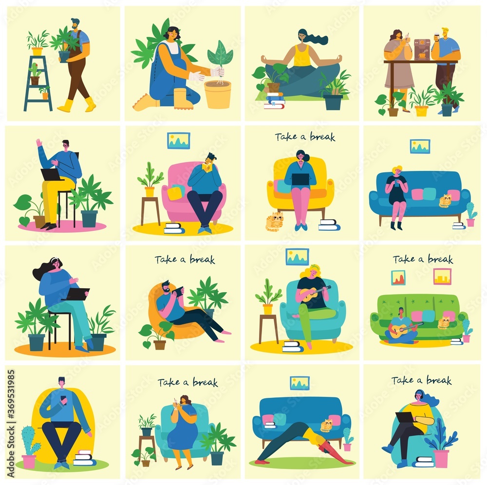 Fototapeta premium Take a break collage illustration. People have rest and drink coffee, use tablet on chair and sofa. Flat vector style.