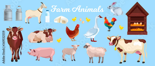 Farm animals vector set with cows, pig, goat, sheep, lamb, goose, perch, can. Husbandry farming animals collection in cartoon flat style with dairy products, chicken, eggs, milk bottle, rabbit