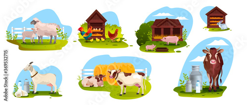 Farm animal set with sheep, cow, goat, pig, rooster, rabbit isolated on white. Agriculture farming illustration collection with domestic animals in flat style. Dairy products vector concepts