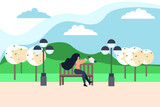 Spring. girl sitting in the park feeding pigeons. the trees are blooming. vector graphics in a flat style.