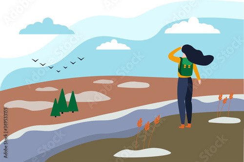 early spring. girl stands on the river bank. gentle vector illustration in flat style.