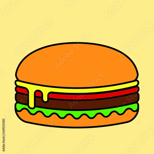 simple vector illustration of a fast food burger with cheese tomato and salad on yellow background