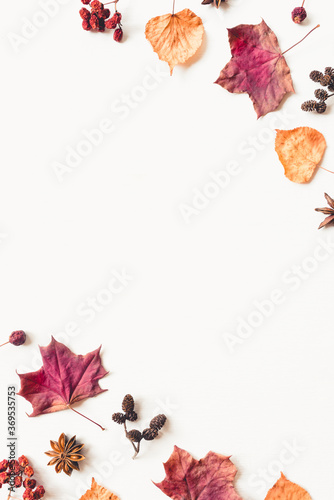 Autumn background made of leaves, berries and cones. Flat lay, top view. Copy space for text.