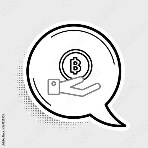 Line Hand holding Bitcoin icon isolated on grey background. Blockchain technology, digital money market, cryptocoin wallet. Colorful outline concept. Vector.
