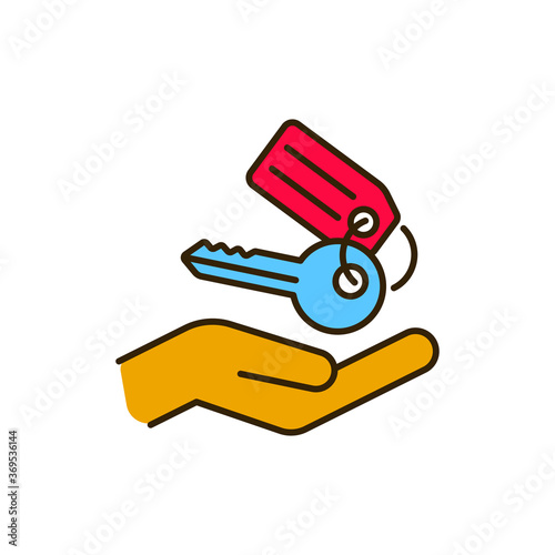 Hand holding keys color line icon. Rental service. Pictogram for web, mobile app, promo. UI UX design element. Editable stroke
