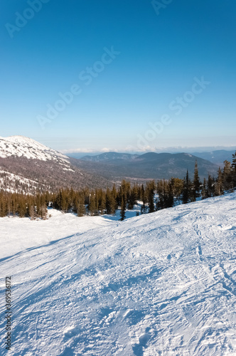 Empty ski slope in Gornaya Shoria on a sunny day