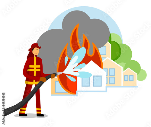 Firefighter try to extinguish burning house. House on fire. Fireman putting out building. Fireman rescue people cartoon. Flame accident. Helping service with burn. Rescuer puts out fire with hose