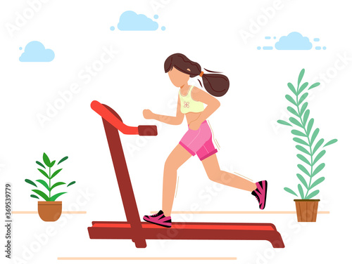 The girl is engaged in sports running on a treadmill. The concept of a healthy lifestyle. . cartoon character. Vector illustration in modern flat style.