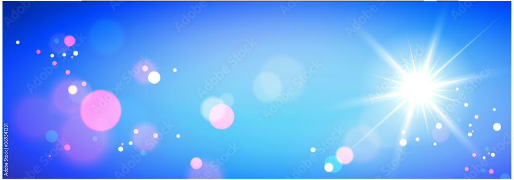 Sparkling blue and violet bokeh lights background with radiant sunlight