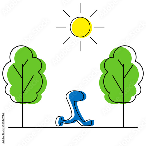 Drawing of a human figure walking between trees.