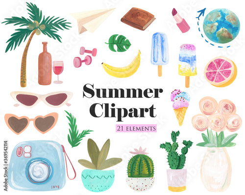 Summer Stickers Set, Gouache Art. Polaroid camera, palm tree, wine, sunglasses and cactus pot, ice crram drawing. Vacation clipart for travel planner.