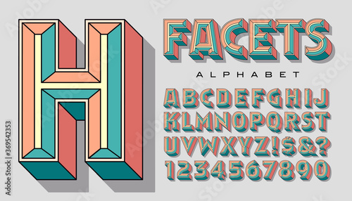 Vector Alphabet of Beveled or Chiseled 3d Letters with Flat Colored Facets and Black Outlines. This Bold Font Has a Bright Pop Art Quality and a Floral Color Palette.