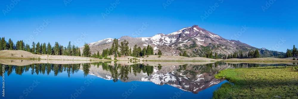 Mountain landscape with clear blue sky, morning light, reflective water, and a wide panoramic view.