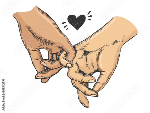 Couple in love hold hands color sketch engraving vector illustration. T-shirt apparel print design. Scratch board imitation. Black and white hand drawn image.