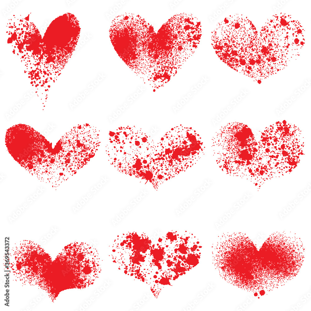 splatter hearts silhouettes on white background, vector set