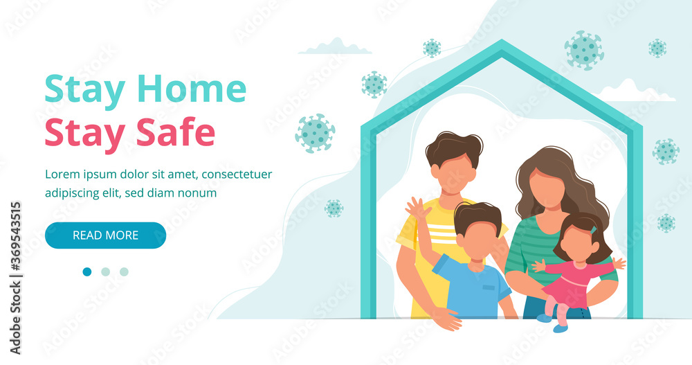 Stay home concept. Family staying at home in quarantine, landing page or banner template. Coronavirus outbreak concept. illustration in flat style