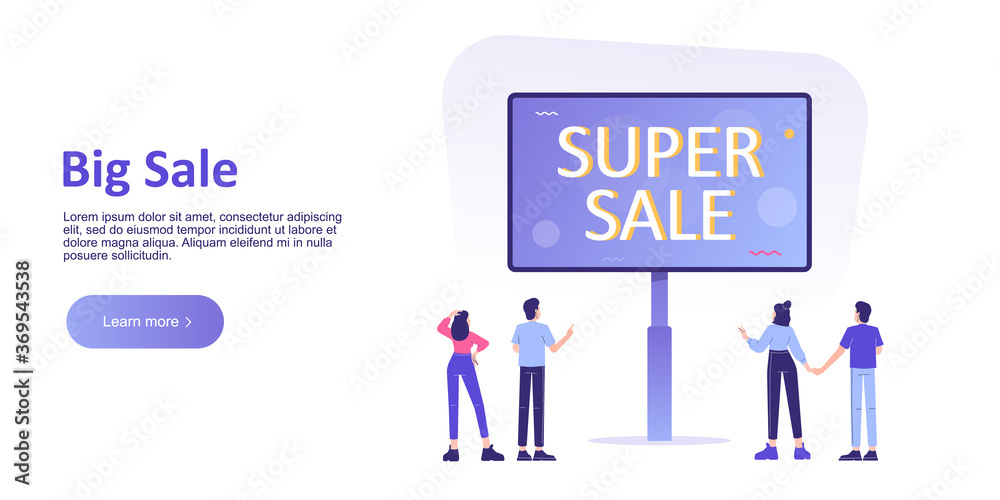 Big sale and special offer concept for web banner and website. People looking at big sale banner or billboard. Business promotion. Landing page template. Modern flat vector illustration Big sale and special offer concept for web banner and website. People looking at big sale banner or billboard. Business promotion. Landing page template. Modern flat vector illustration