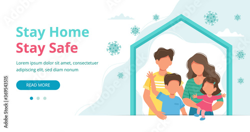 Stay home concept. Family staying at home in quarantine, landing page or banner template. Coronavirus outbreak concept. illustration in flat style