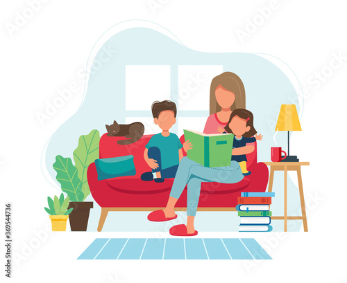 Stay home concept. Mother reading to kids in cozy modern interior. illustration in flat style