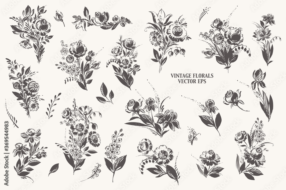 Fototapeta premium Hand drawn floral bouquetes with roses, dahlia, poppy, berries leaves in black ink.