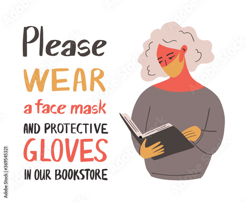 Please wear a mask rectangular sticker. Female reader wearing mask and gloves and holding a book. Vector flat cartoon illustration