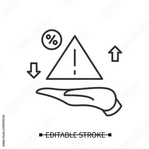 Risk management icon. Danger and percent signs handed linear pictogram. Concept of financial risk planing, stock investment security and business analytics. Editable stroke vector illustration