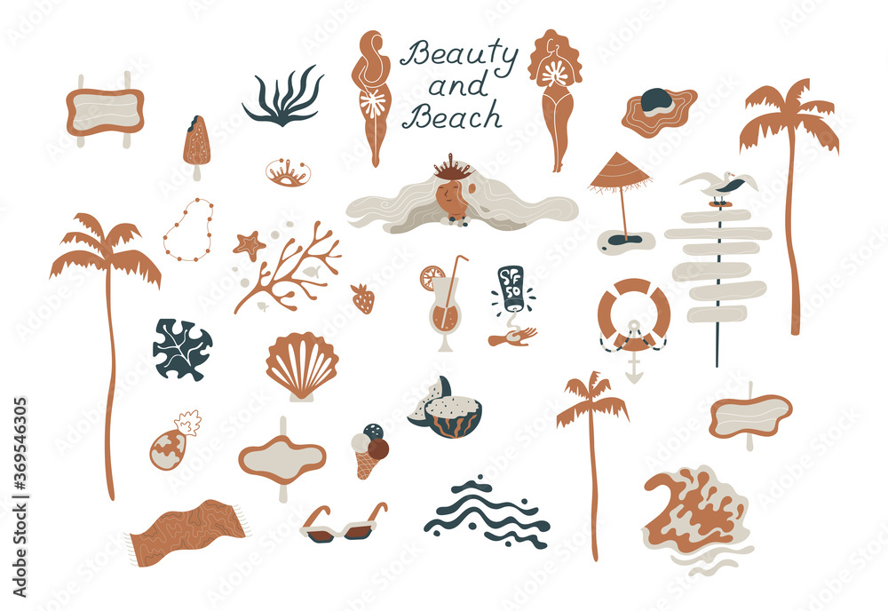 Obraz Beach object set.Summer holidays tropical beach vacation accessories set with surfboard suncream sunglasses gull icecream palms tropical cocktail. vector illustration flat.Beatiful woman and waves